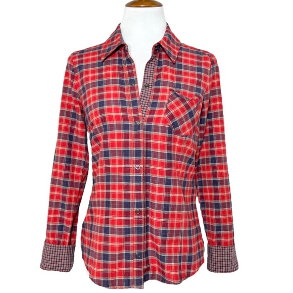 Zara Tops - Zara Red Blue Plaid Snap Button Reverse Cuff Long Sleeve Buttondown Shirt